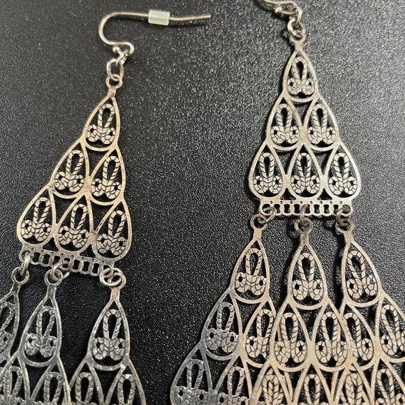 Silver Metal Chandelier Earrings with Draping Chains for Pierced Ears - Picture 3 of 4